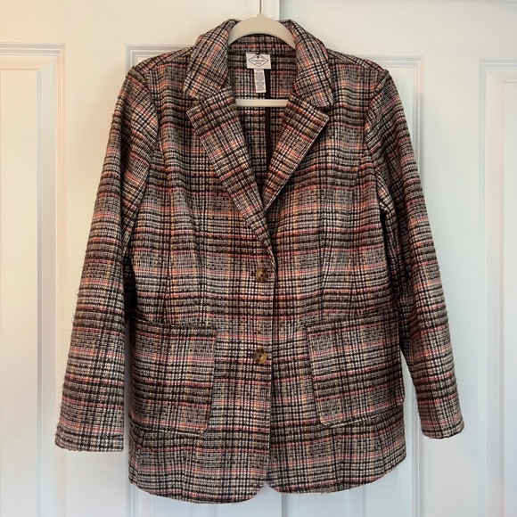 St John's Bay Retro Brown Plaid Houndstooth Wool Blend Blazer Jacket Size PL - Picture 1 of 10